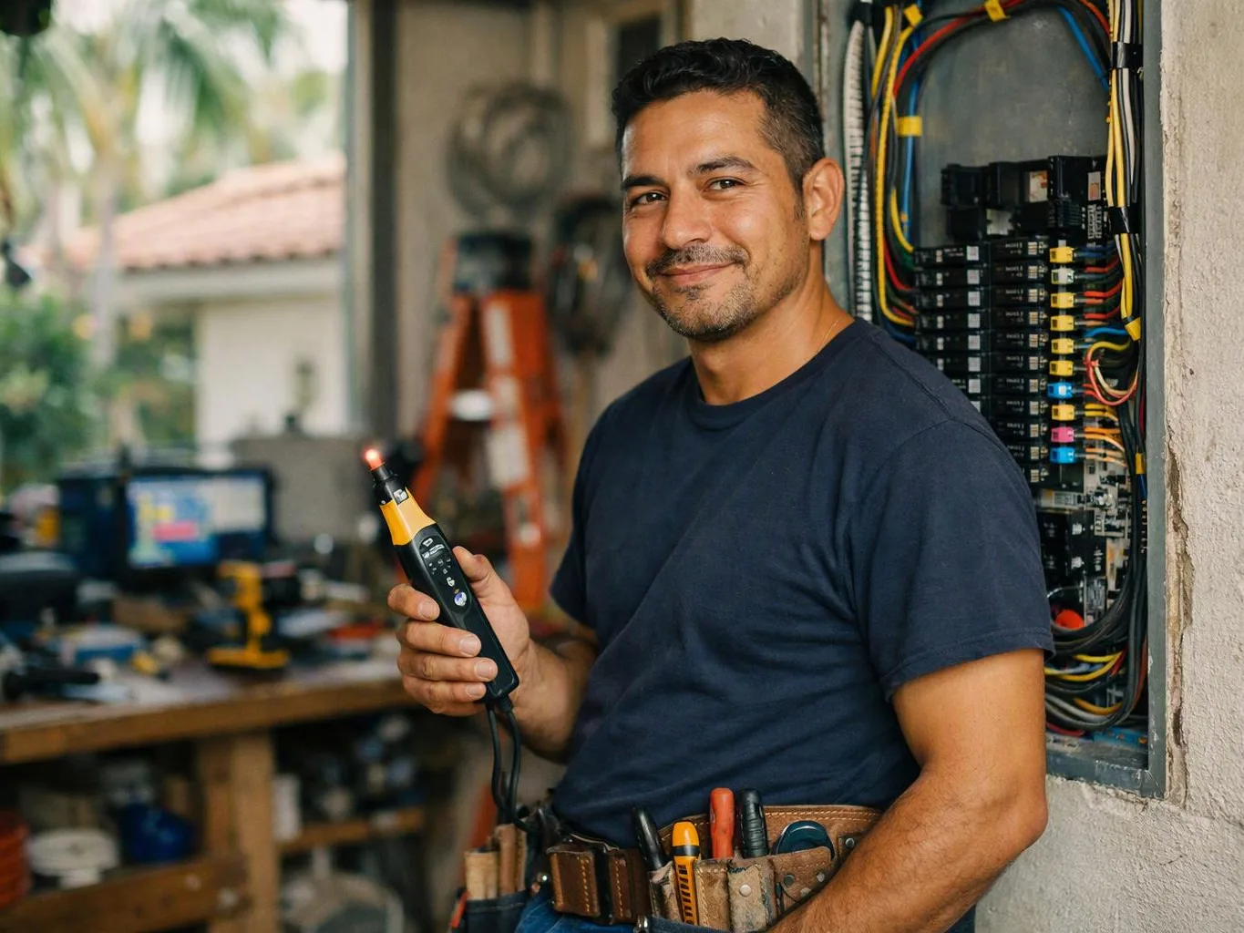A smiling man holds a wired testing tool beside an open electrical panel in a workshop