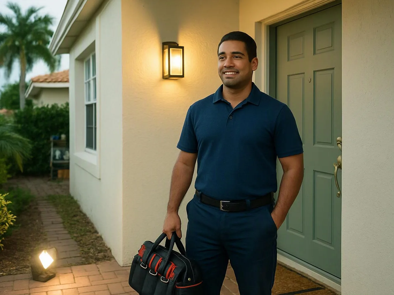 A smiling man stands by a house door at dusk, holding a tool bag on the walkway