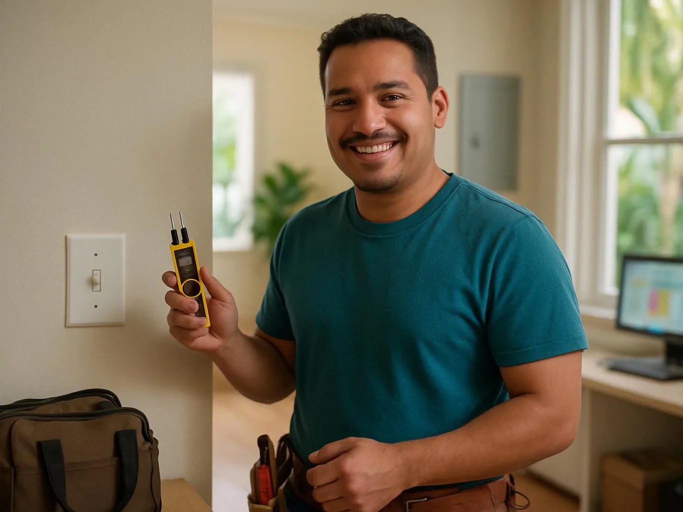 A smiling man in a teal shirt holds a yellow testing device beside a wall switch in a bright room