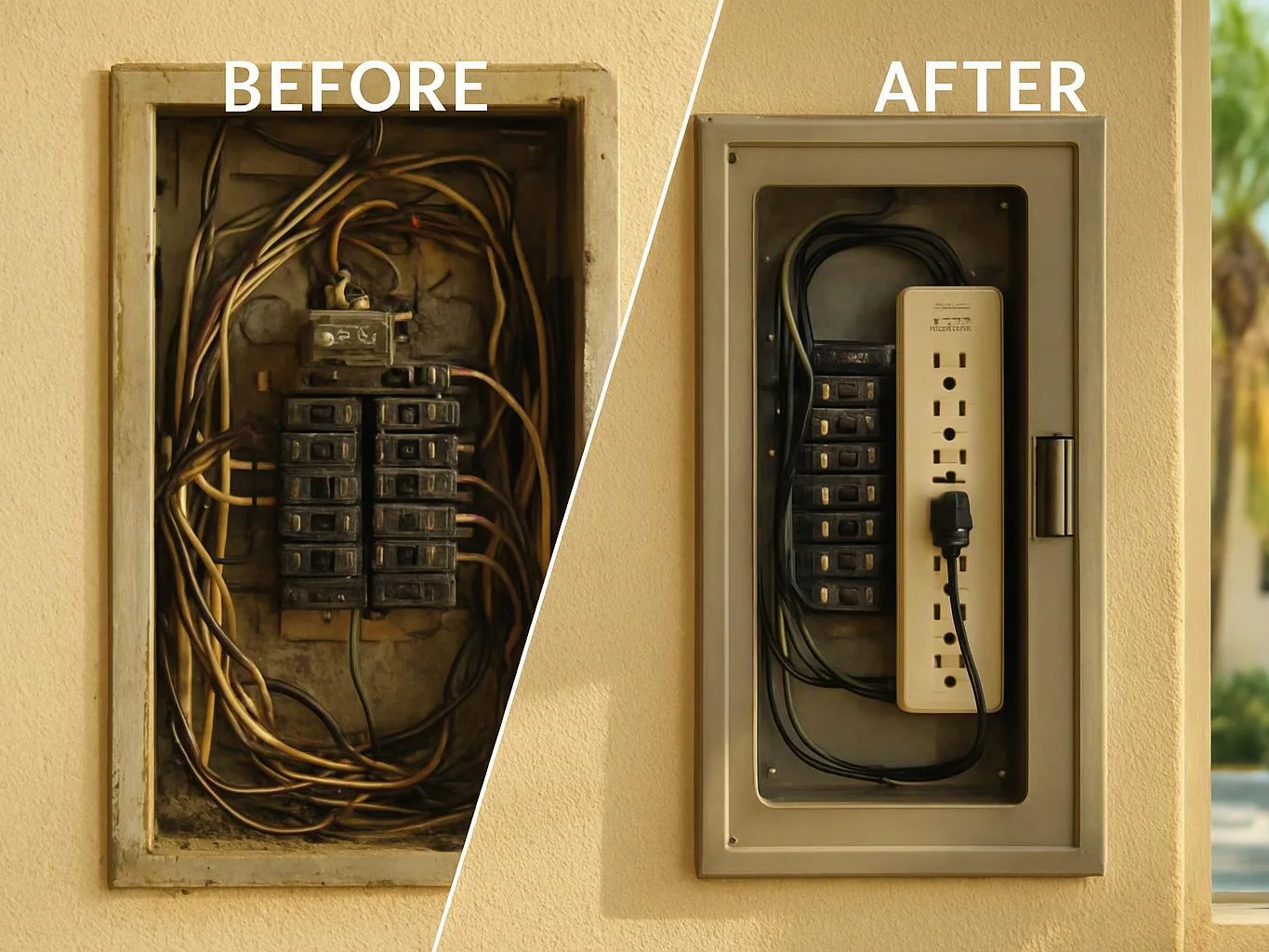 Split before-and-after view of an electrical panel