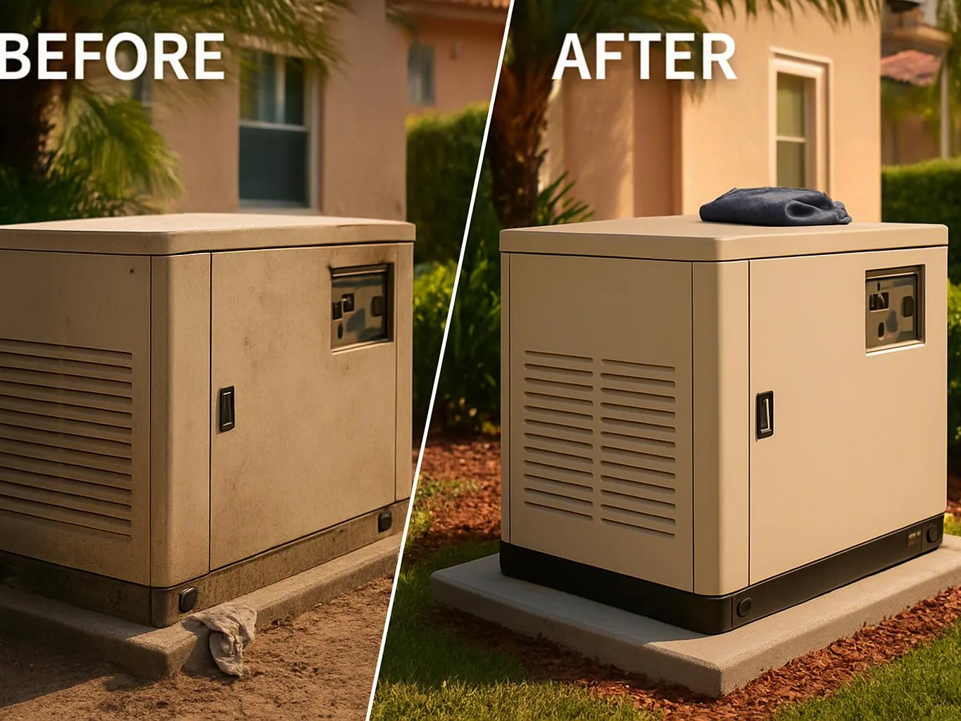 Split before-and-after view shows a dirty generator beside a house, then a cleaned one with a cloth on top