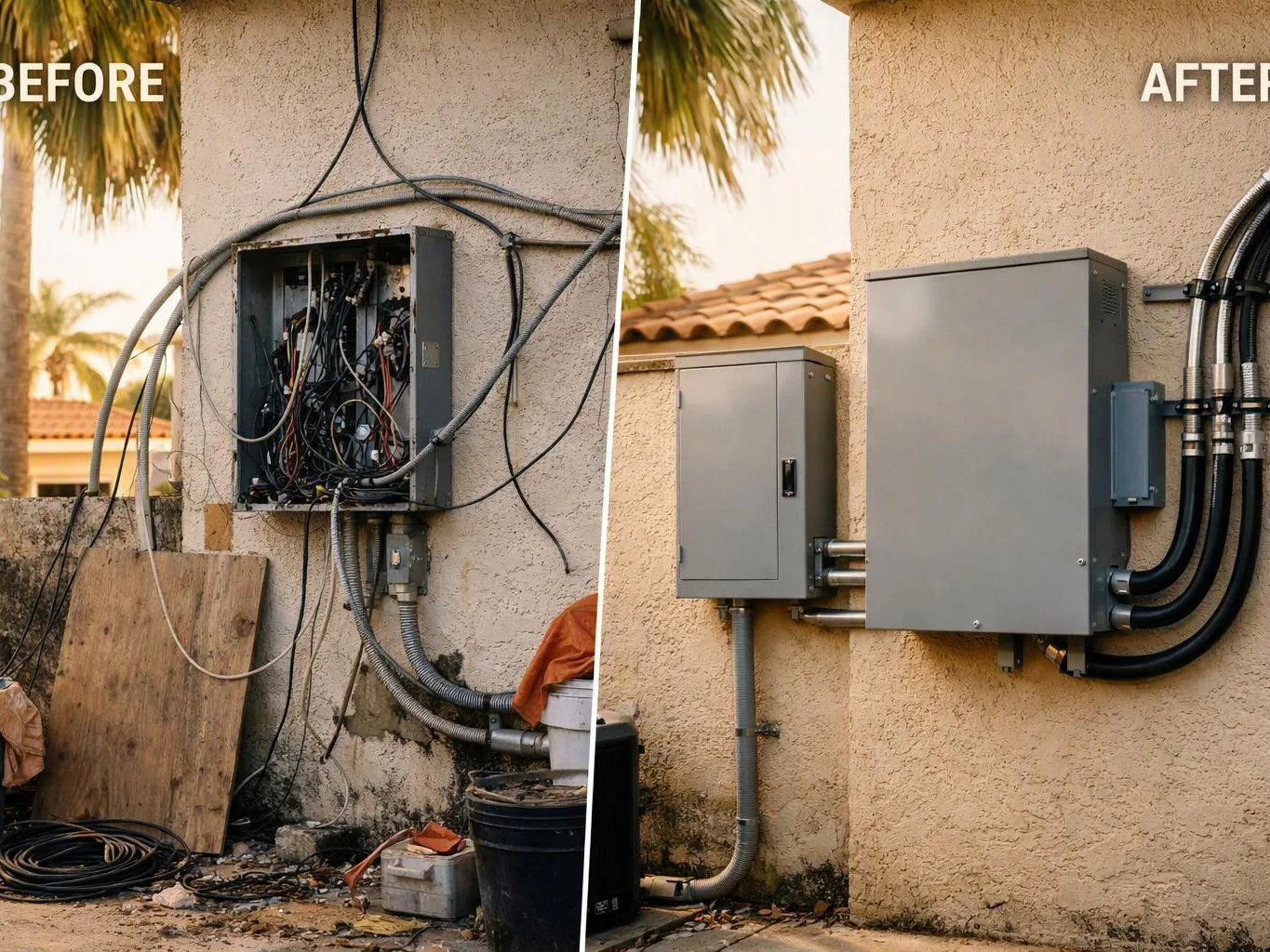 Split before and after view shows a messy exterior electrical panel replaced by neatly mounted gray boxes and conduits on a stucco wall