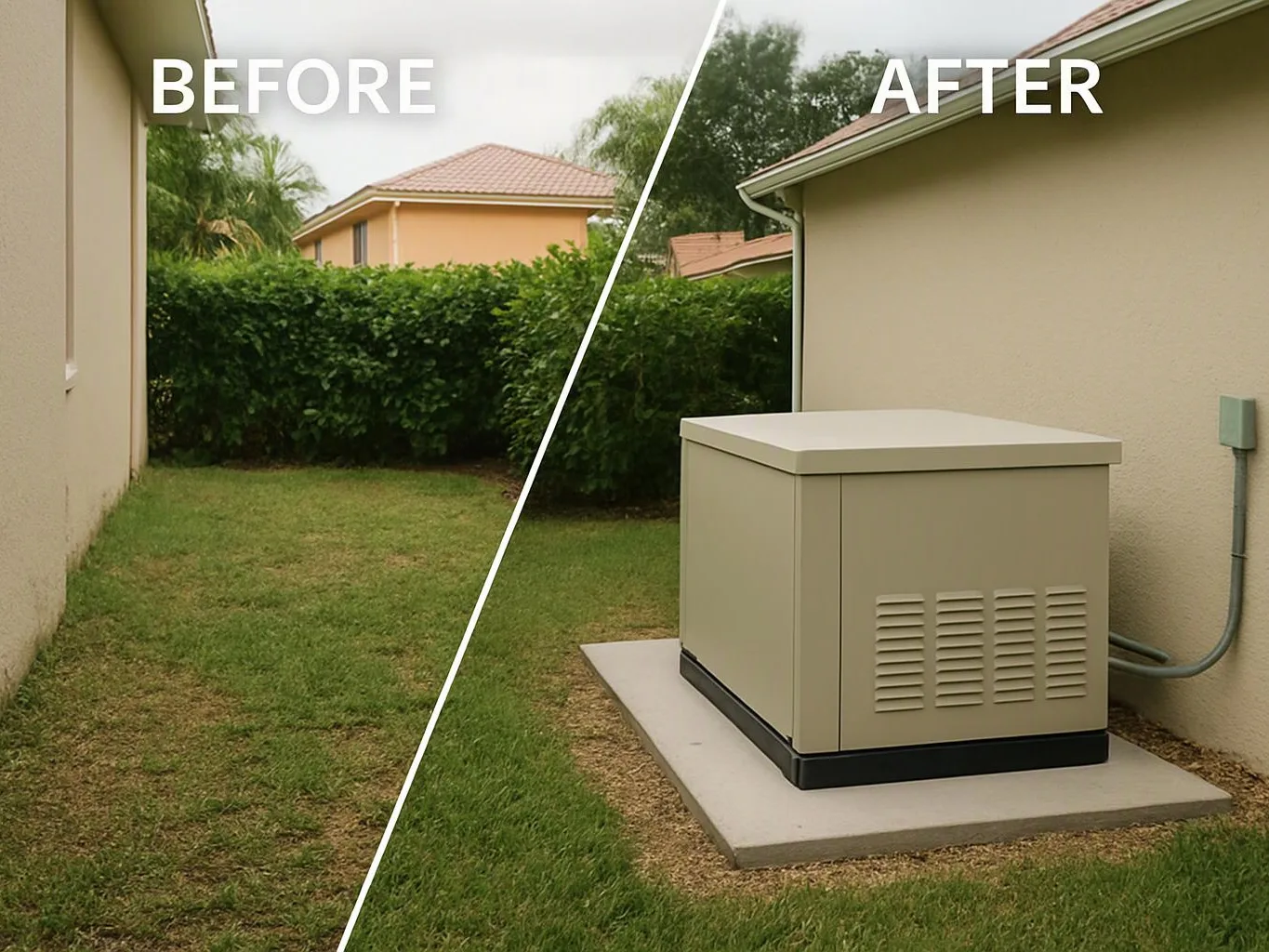 Split before-and-after yard view shows a bare lawn changing to a beige generator beside a house