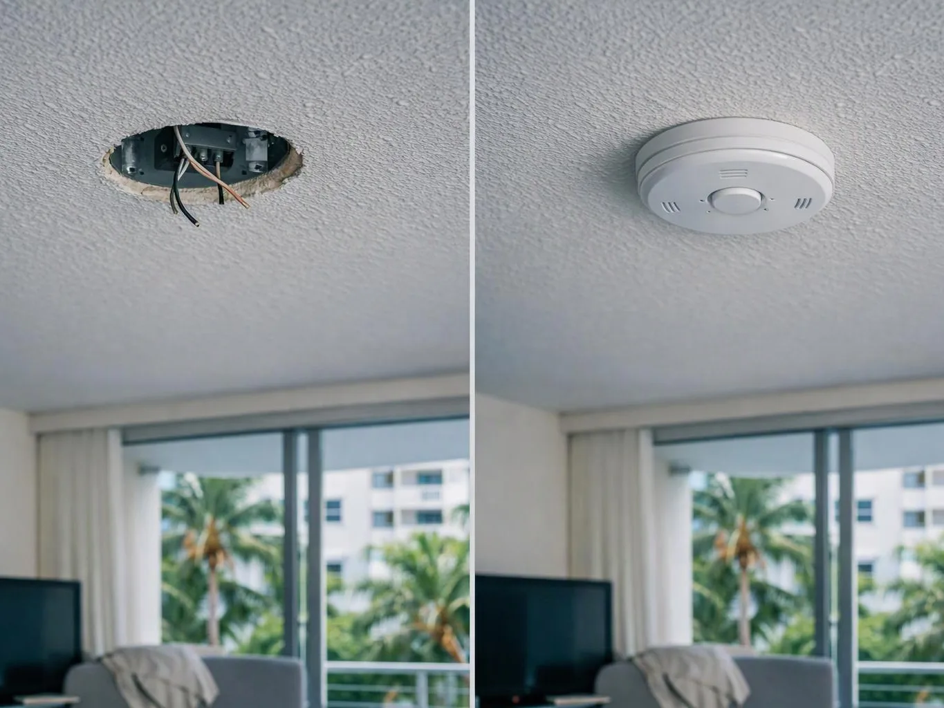 A split image shows a ceiling hole with exposed wires beside the same ceiling fitted with a round smoke detector in a bright room