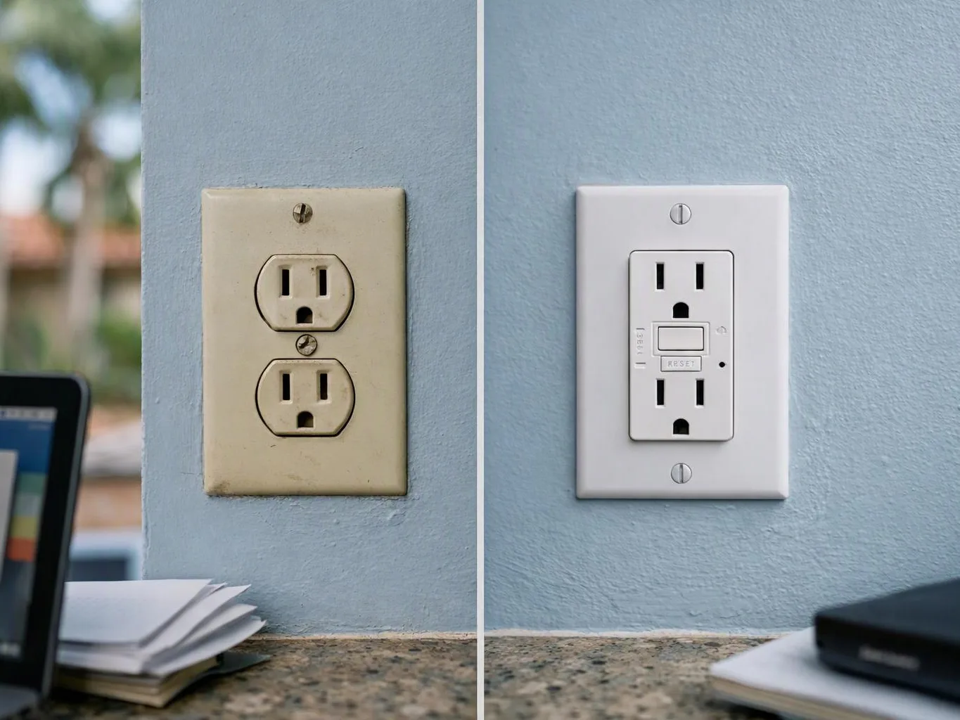 A split image shows an old beige wall outlet replaced by a white GFCI outlet on a blue wall