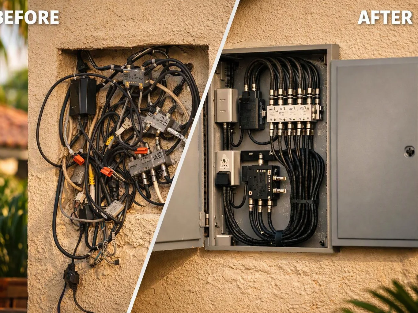 Split-screen shows a tangled outdoor cable box before, and a neatly organized gray utility cabinet after