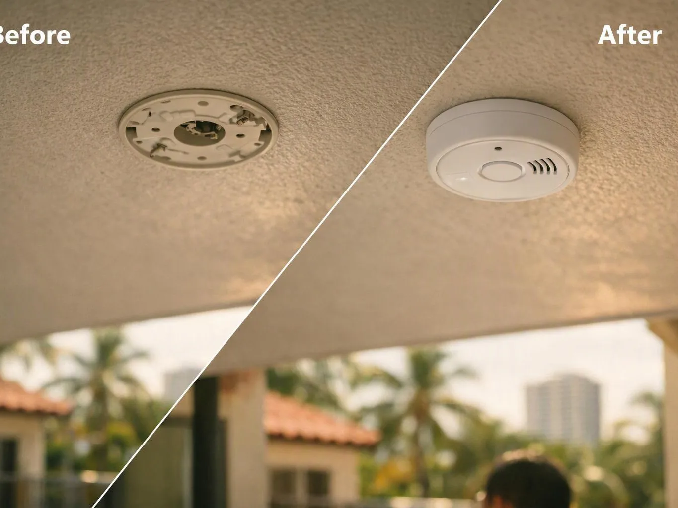 Split view of a ceiling smoke detector before repair and a newer detector installed after repair