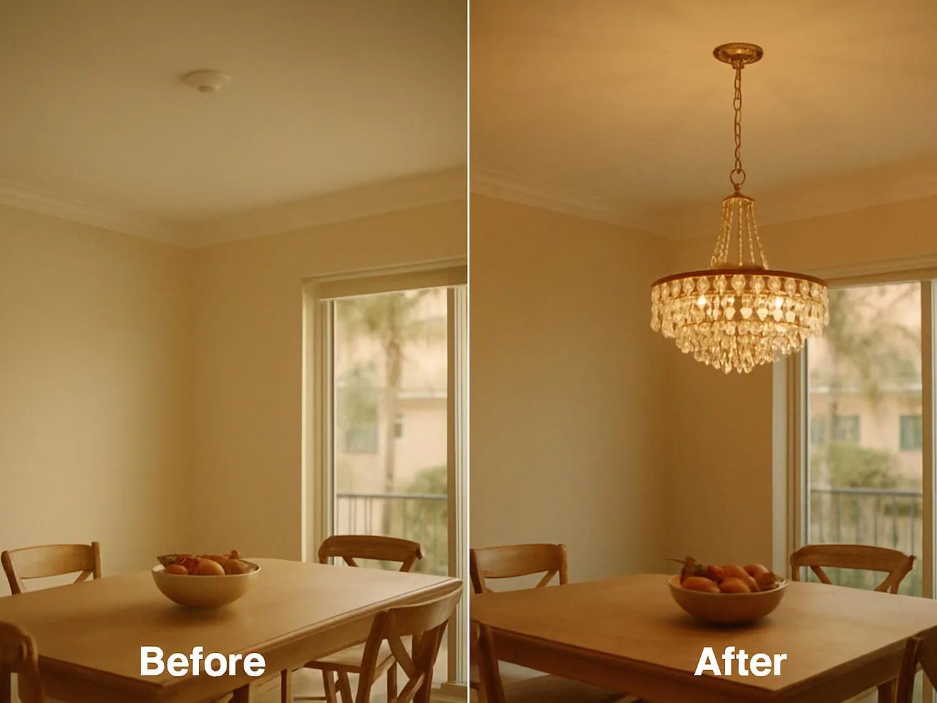 Split view shows a dining room before and after, with a plain ceiling changed to a hanging crystal chandelier