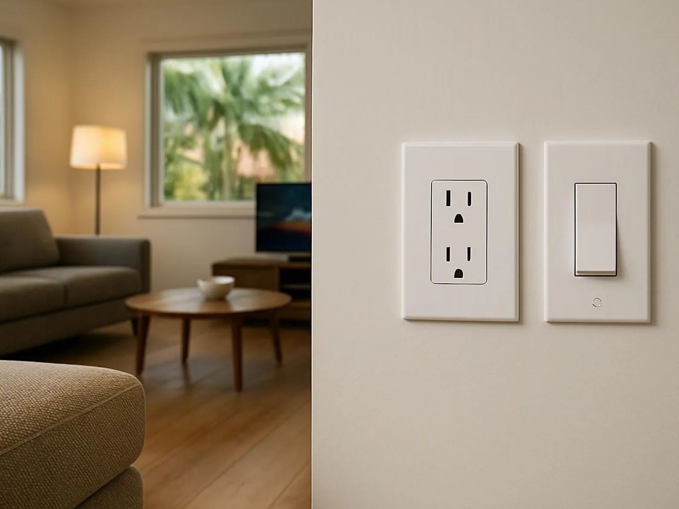 A split view shows a living room on the left and a wall outlet with a light switch on the right