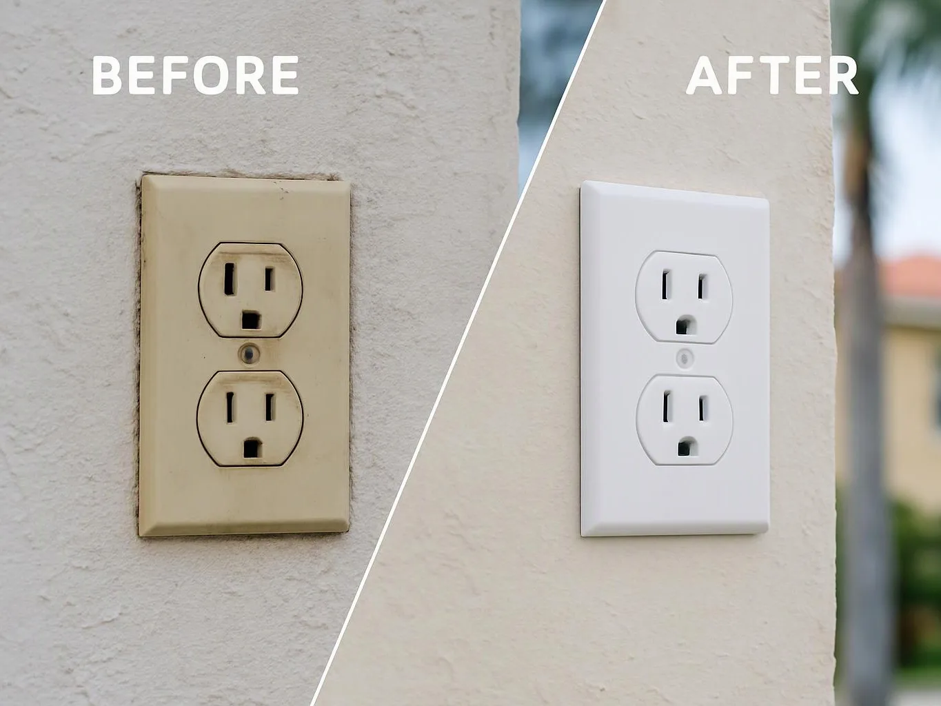 Split view shows a stained beige wall outlet before and a clean white outlet after on a textured wall