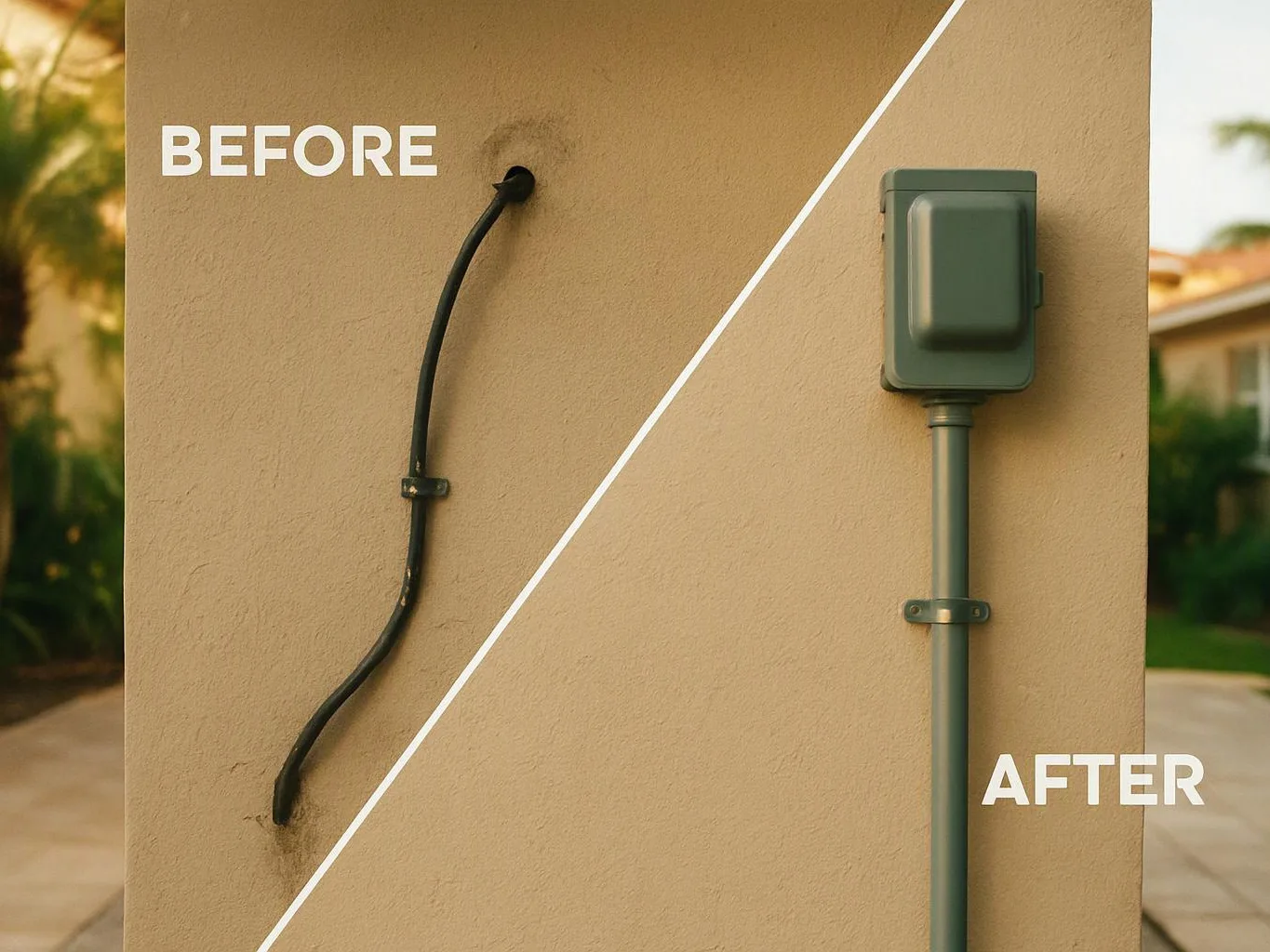 Split view of a wall with a loose black cable labeled before and a neat gray conduit labeled after