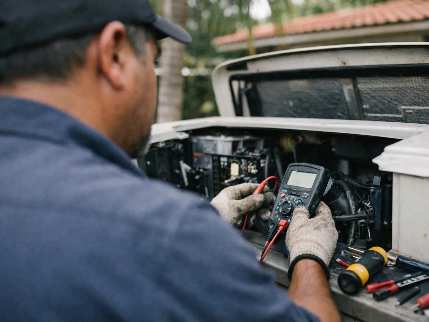 A technician in gloves tests exposed machinery with a digital meter beside open equipment outdoors