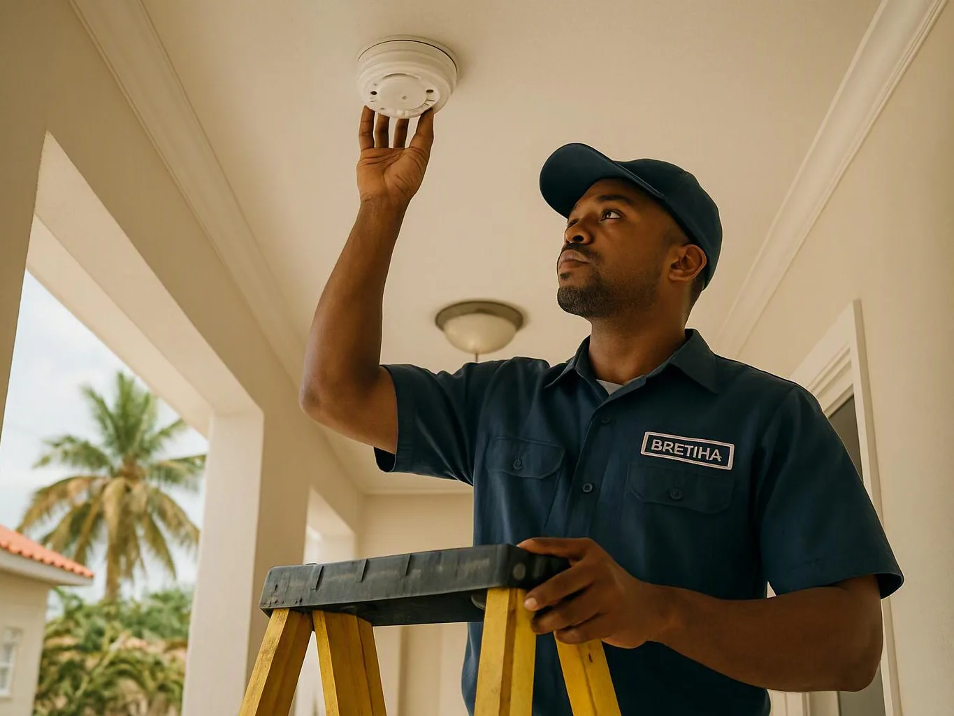 A technician on a ladder checks a ceiling smoke detector in a bright hallway