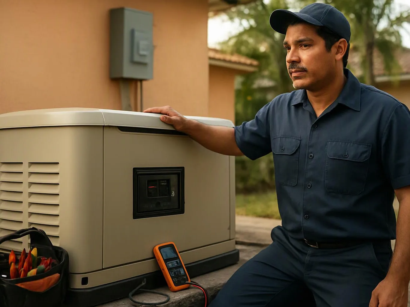 A technician in a navy uniform kneels beside a large generator, resting a hand on it outdoors