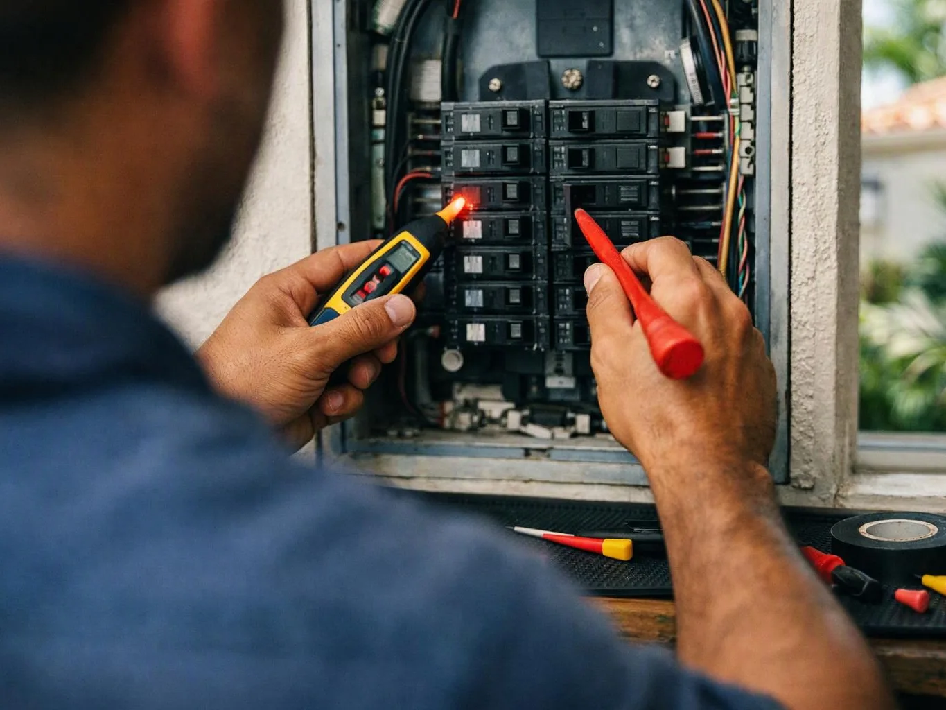 A technician tests an open electrical breaker panel with two probes indoors