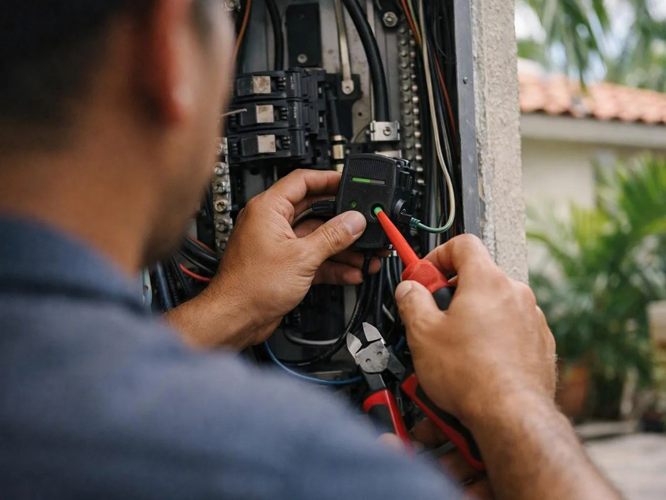 A technician tests wiring inside an open electrical panel with a red probe and pliers