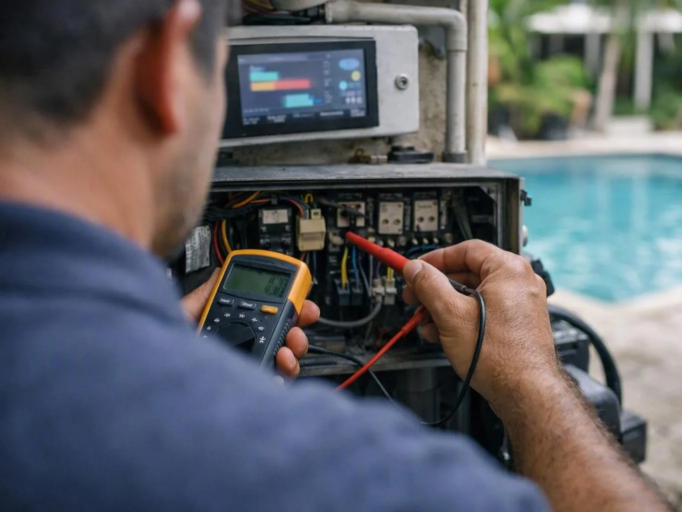 A technician tests wiring in an open control box beside a swimming pool with a handheld meter