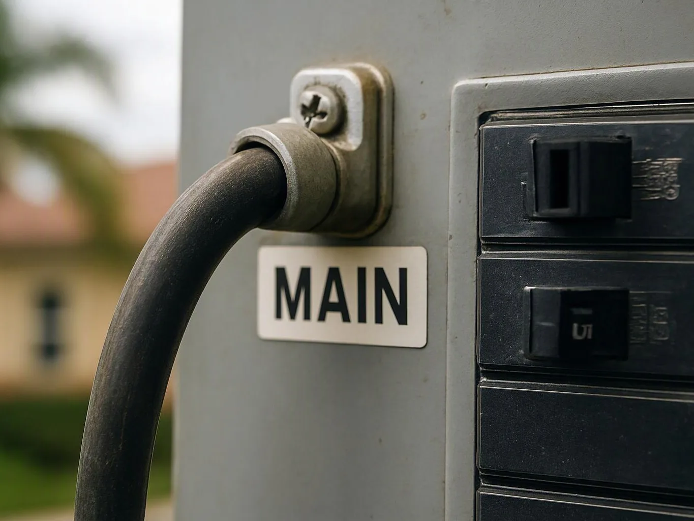A thick black cable connects to a gray electrical panel labeled MAIN, with blurred buildings behind it