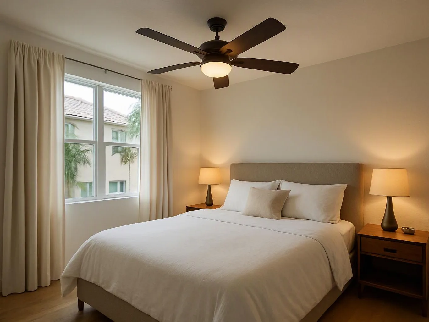 A tidy bedroom shows a made bed, two lit lamps, a ceiling fan, and a bright window with curtains