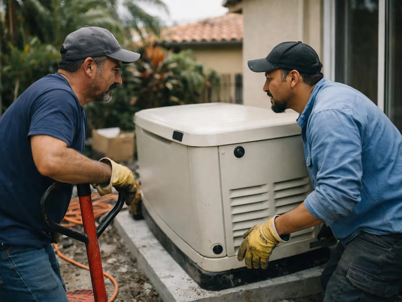 Two men in gloves push a large generator beside a house in a yard