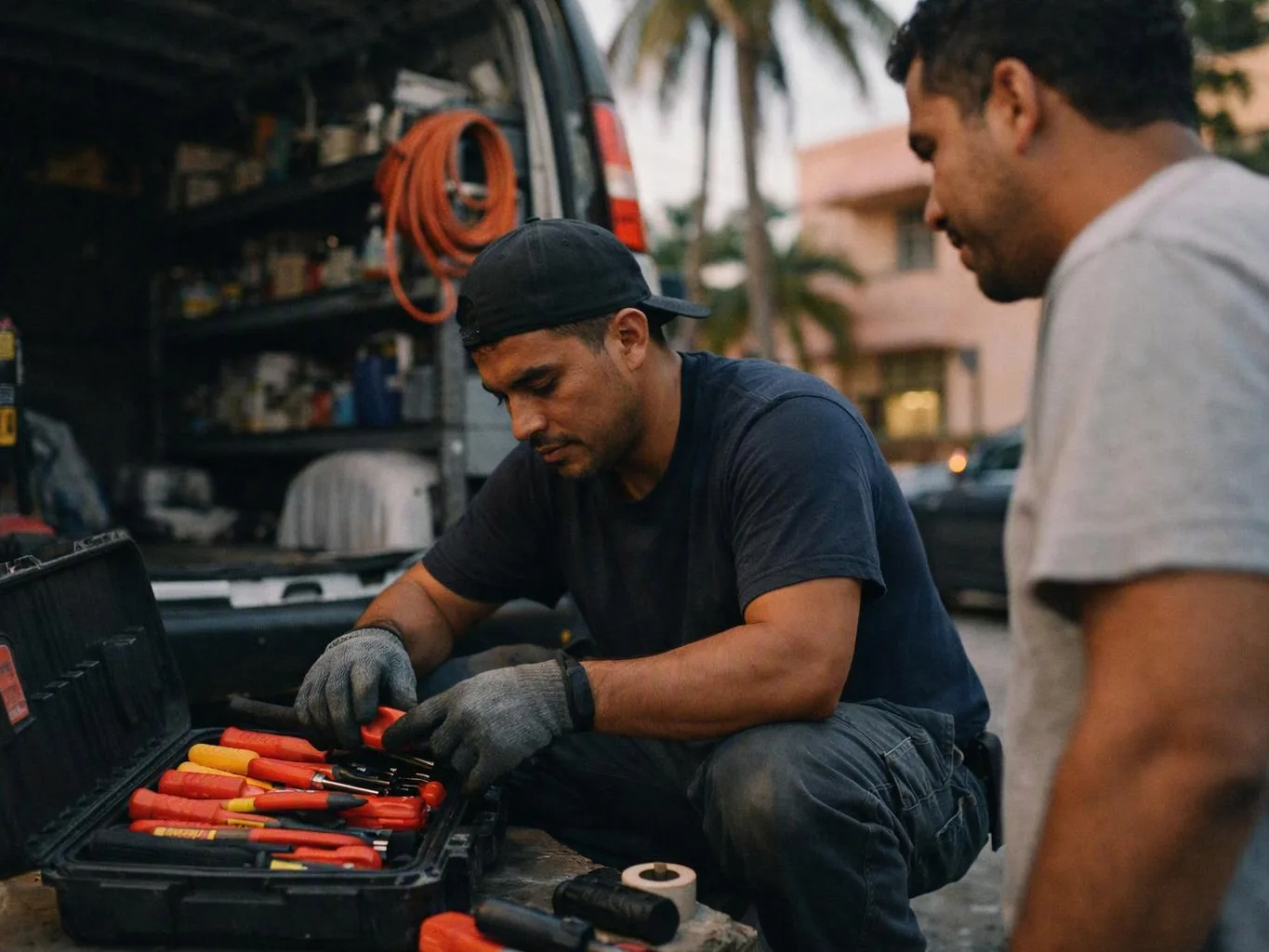 Two men work beside an open tool case, one kneeling and handling red tools outdoors at dusk