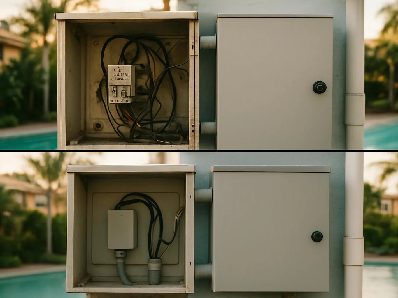 Two open electrical boxes with exposed wires sit beside a swimming pool in a sunny outdoor setting