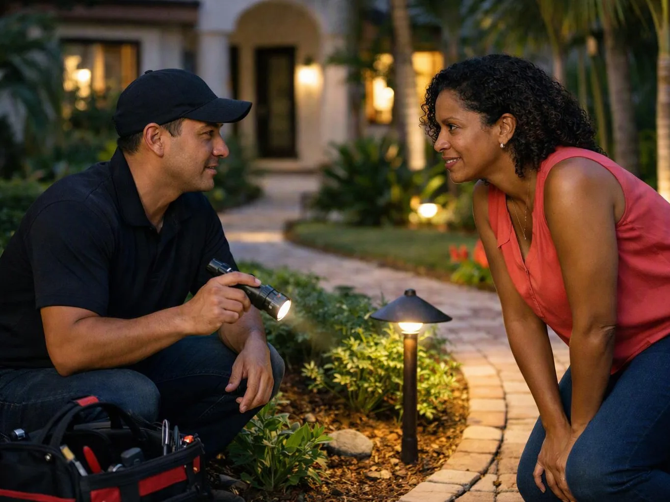 Two people crouch by a lit garden path, examining plants with a flashlight at dusk