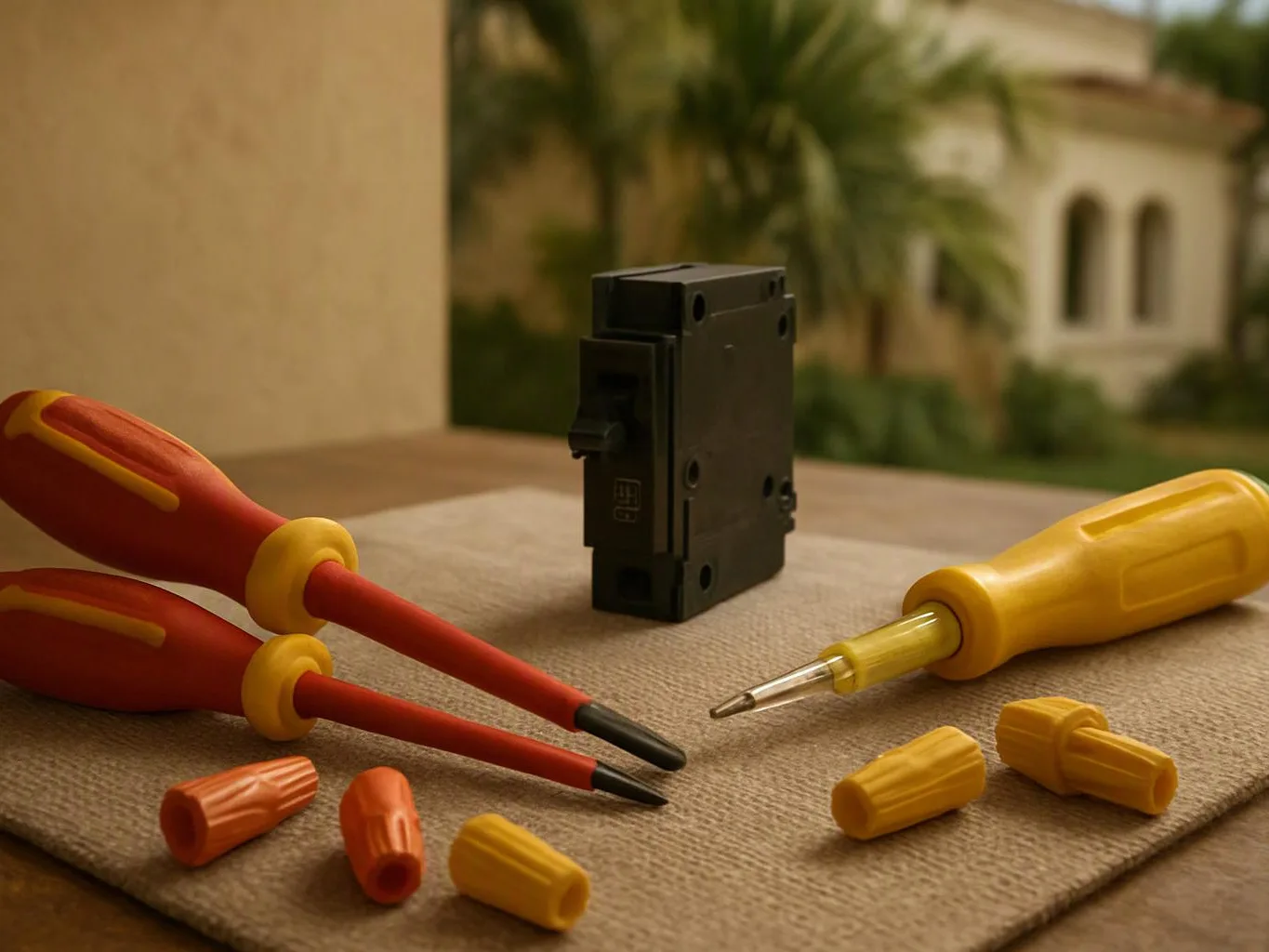 Two red screwdrivers, a yellow screwdriver, wire nuts, and a black breaker sit on a tabletop outdoors