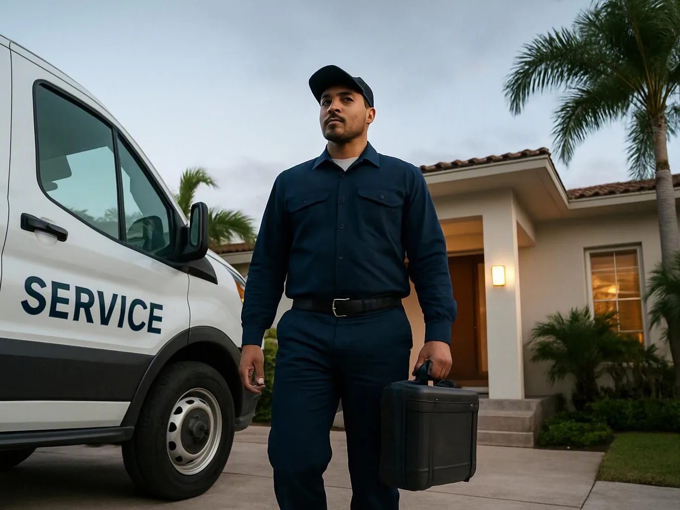 A uniformed man stands beside a service van, holding a black case in front of a house at dusk