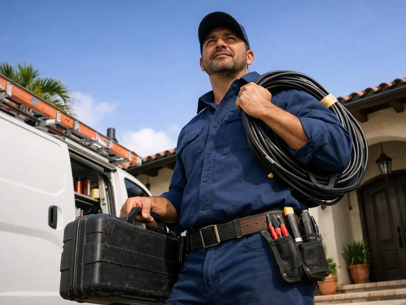 A utility worker carries a coiled cable and a black toolbox beside a service van outside a house