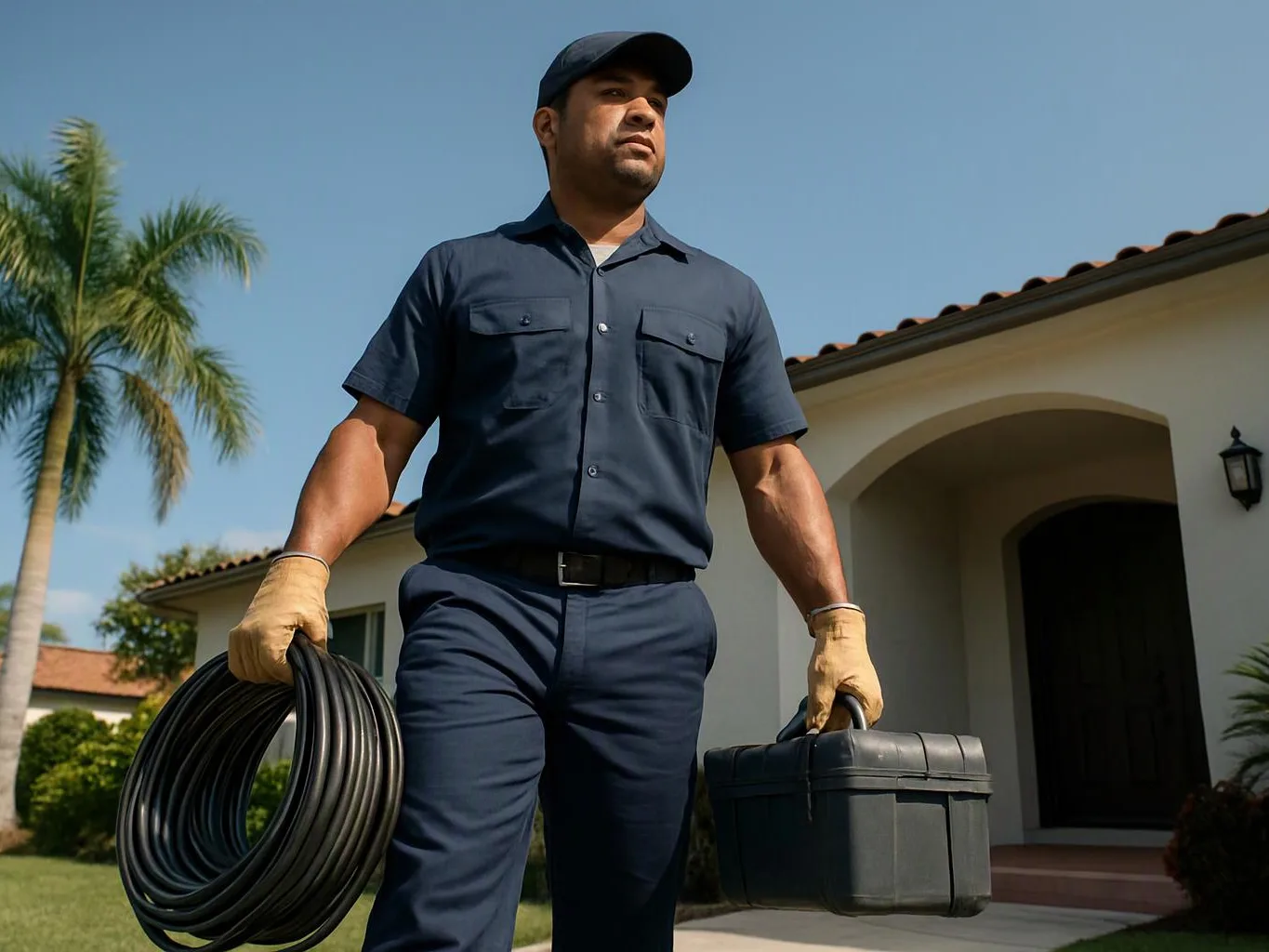 A utility worker in navy uniform carries coiled cable and a toolbox outside a house on a sunny day