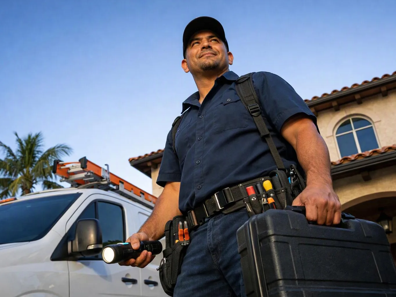 A utility worker in a navy uniform stands outside a house, holding a flashlight and a black toolbox beside a white van