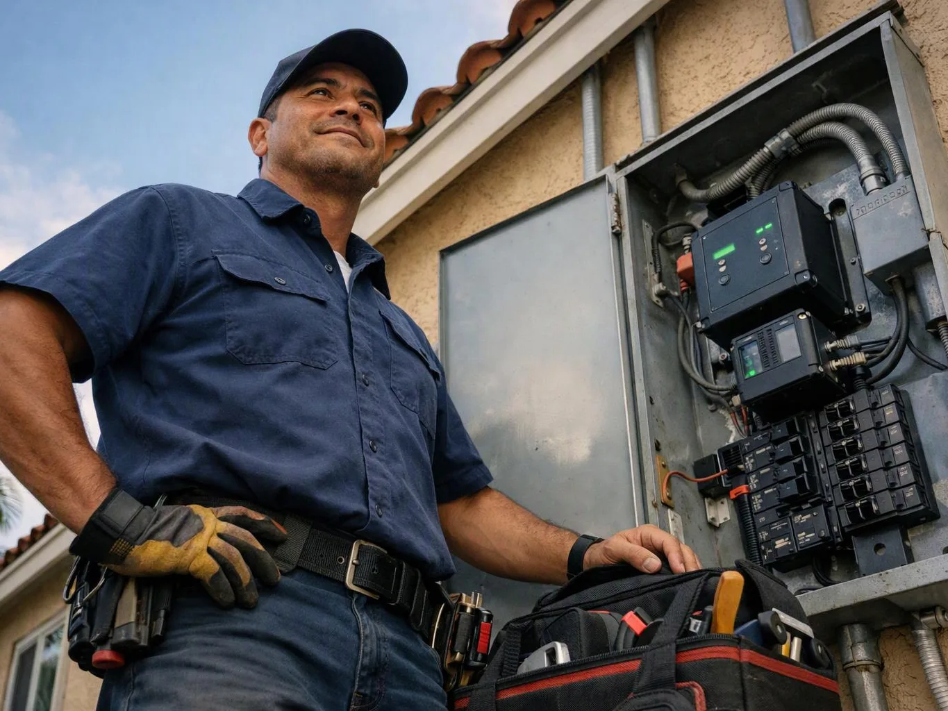 A utility worker stands beside an open electrical panel, holding a tool bag outside a stucco house
