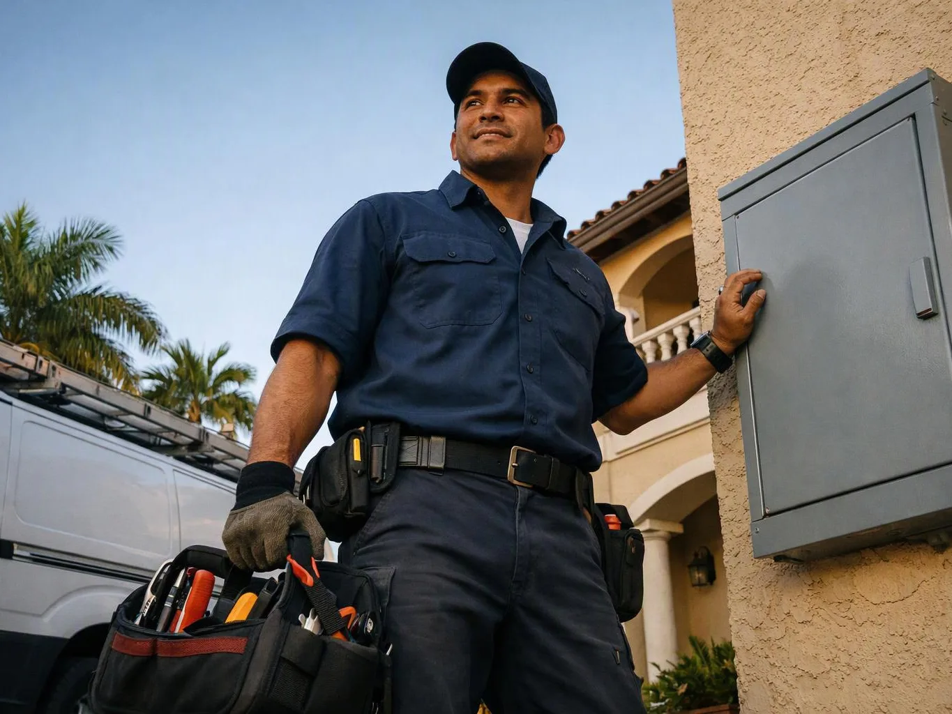 A utility worker stands outside a house, holding a tool bag and touching a gray electrical panel