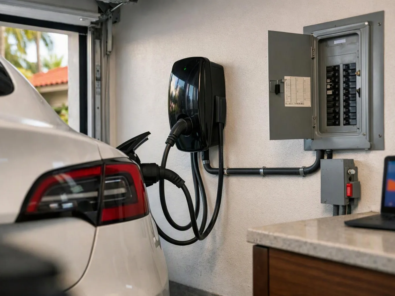 A white car is plugged into a wall-mounted electric charger beside an open electrical panel indoors