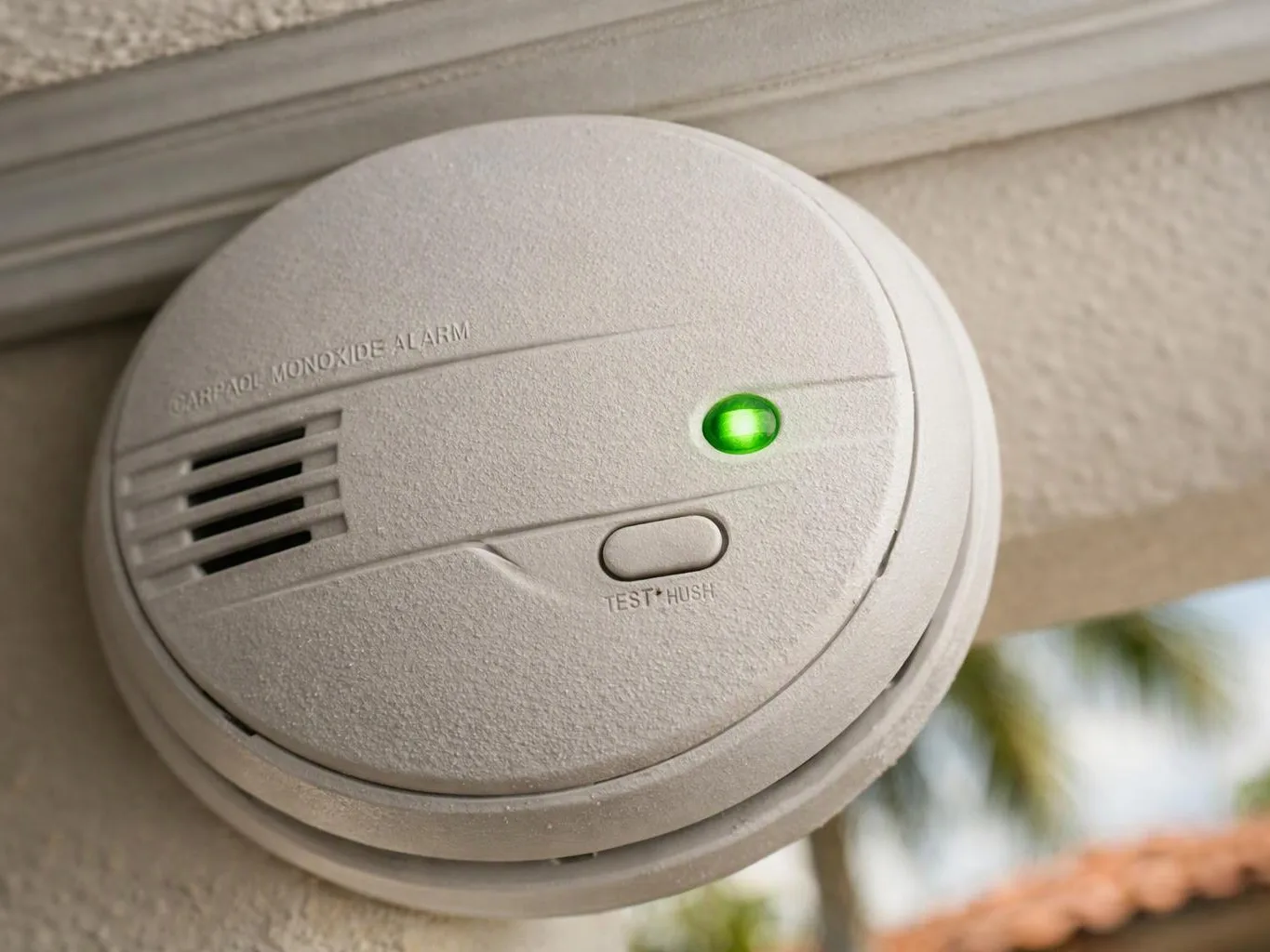 A white carbon monoxide alarm with a green light is mounted on a wall under an eave