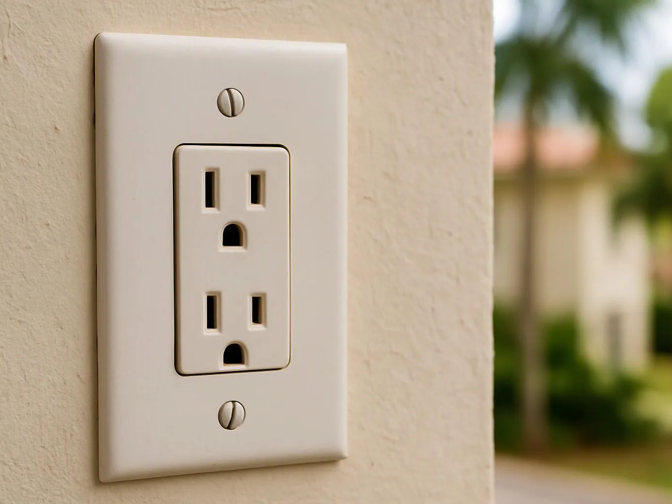 A white electrical outlet is mounted on a beige wall with a blurred outdoor background