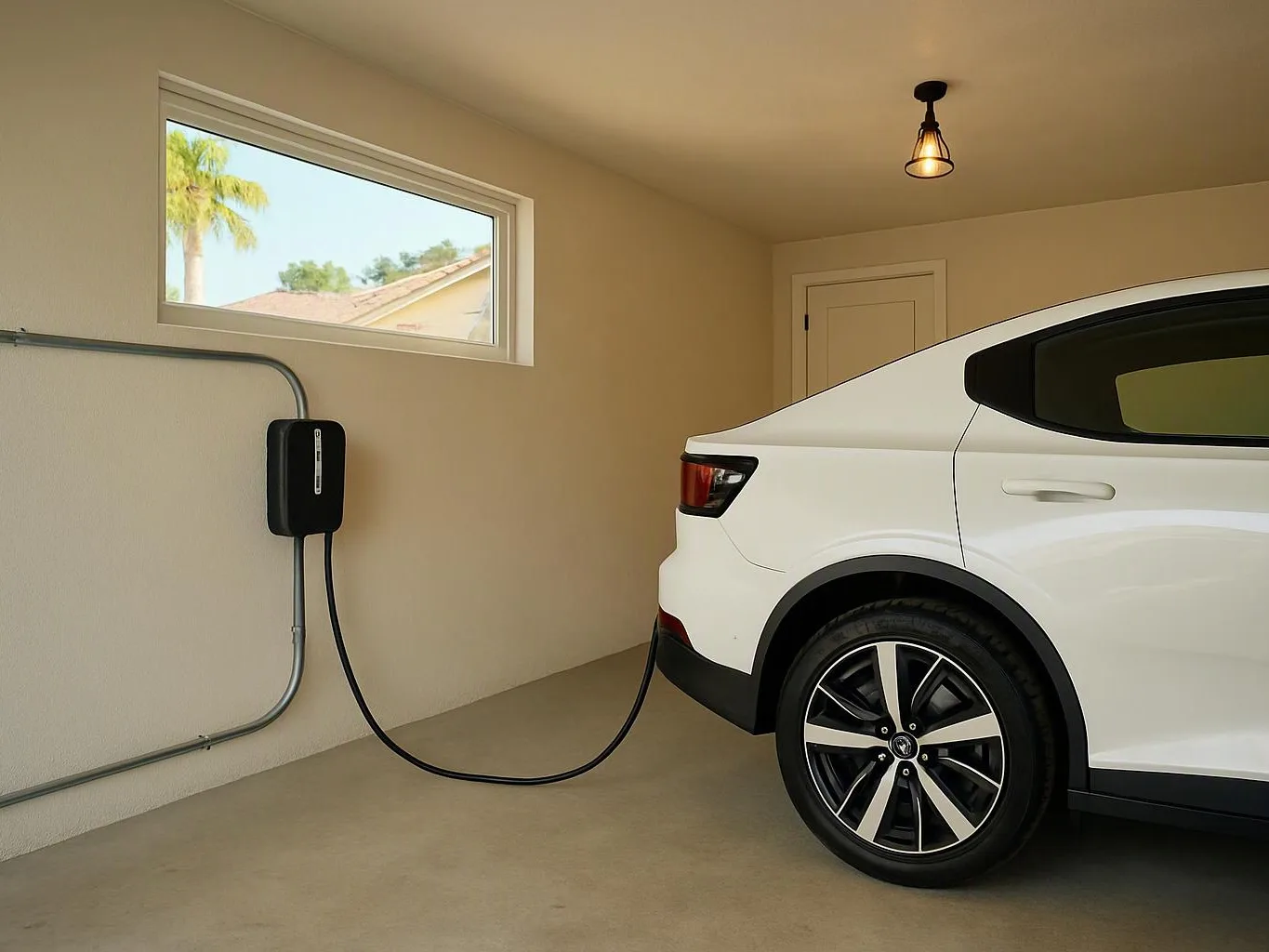 A white SUV charges in a beige garage beside a wall-mounted EV charger, with a small window above