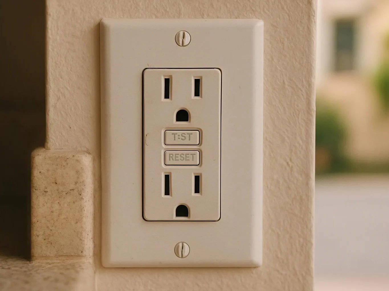 A white wall outlet with test and reset buttons sits on a beige interior wall