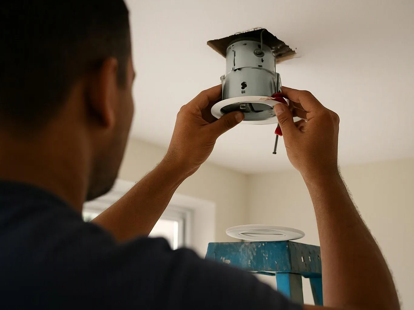 A worker on a blue ladder installs a recessed ceiling light with a screwdriver in a room