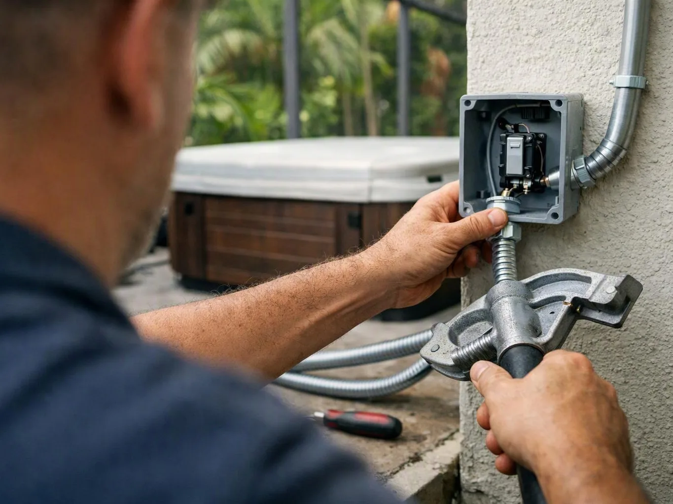 A worker connects a metal conduit to an open electrical box beside an outdoor wall