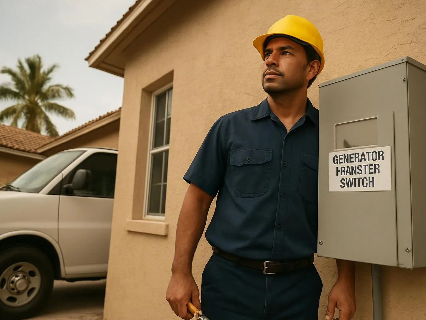 A worker in a yellow hard hat stands by a generator transfer switch beside a beige house and white van